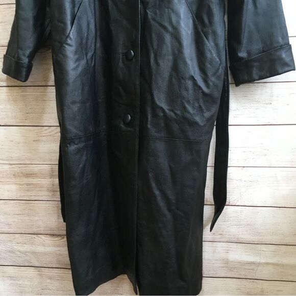VINTAGE LIZ BAKER ESSENTIALS BLACK LEATHER FULL LENGTH TRENCH COAT - Picture 5 of 12